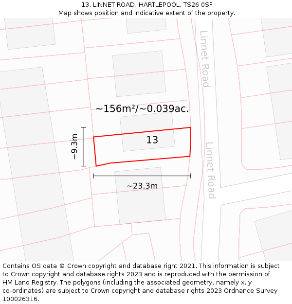 13, LINNET ROAD, HARTLEPOOL, TS26 0SF: Plot and title map