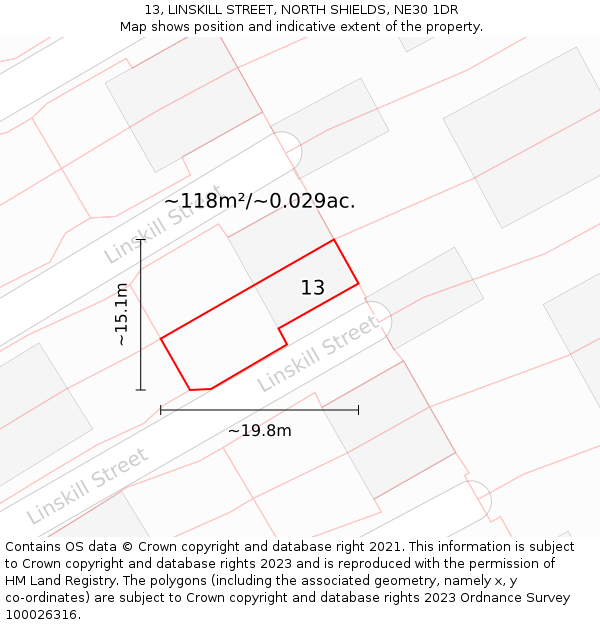 13, LINSKILL STREET, NORTH SHIELDS, NE30 1DR: Plot and title map
