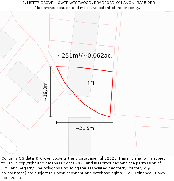 13, LISTER GROVE, LOWER WESTWOOD, BRADFORD-ON-AVON, BA15 2BR: Plot and title map