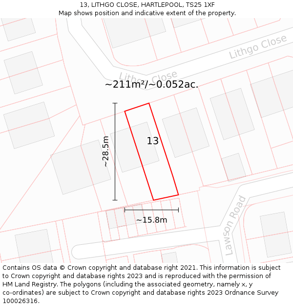 13, LITHGO CLOSE, HARTLEPOOL, TS25 1XF: Plot and title map