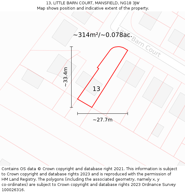 13, LITTLE BARN COURT, MANSFIELD, NG18 3JW: Plot and title map