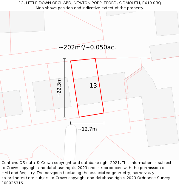 13, LITTLE DOWN ORCHARD, NEWTON POPPLEFORD, SIDMOUTH, EX10 0BQ: Plot and title map