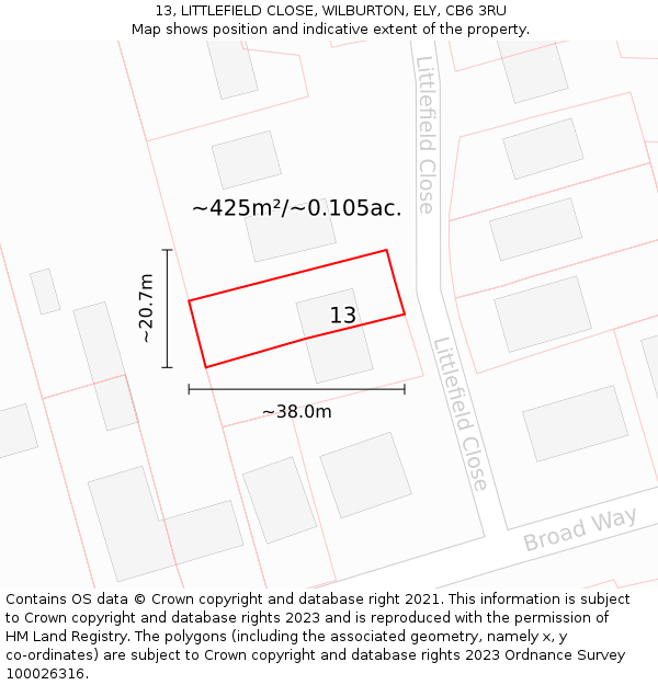 13, LITTLEFIELD CLOSE, WILBURTON, ELY, CB6 3RU: Plot and title map
