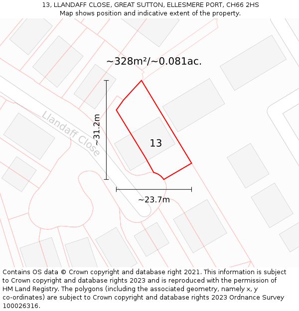 13, LLANDAFF CLOSE, GREAT SUTTON, ELLESMERE PORT, CH66 2HS: Plot and title map
