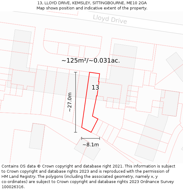 13, LLOYD DRIVE, KEMSLEY, SITTINGBOURNE, ME10 2GA: Plot and title map