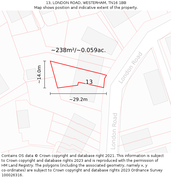 13, LONDON ROAD, WESTERHAM, TN16 1BB: Plot and title map