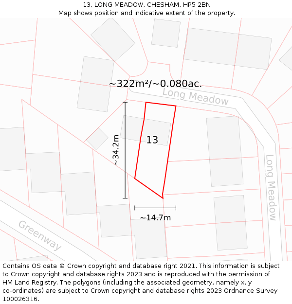 13, LONG MEADOW, CHESHAM, HP5 2BN: Plot and title map