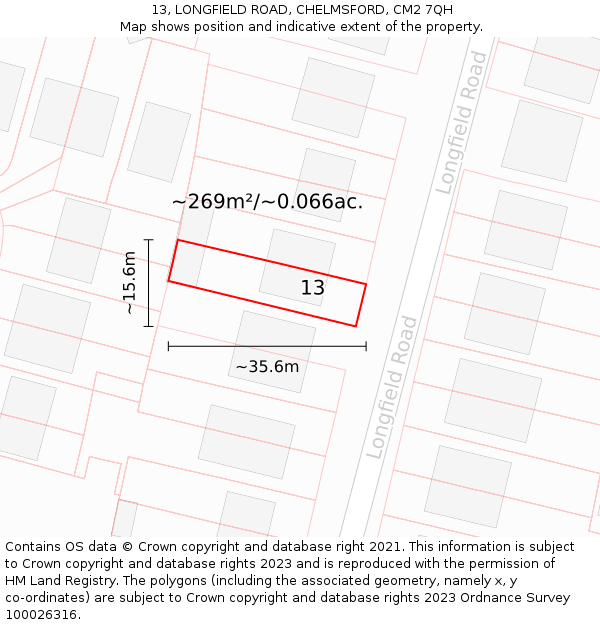 13, LONGFIELD ROAD, CHELMSFORD, CM2 7QH: Plot and title map