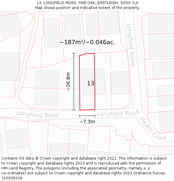 13, LONGFIELD ROAD, FAIR OAK, EASTLEIGH, SO50 7LX: Plot and title map