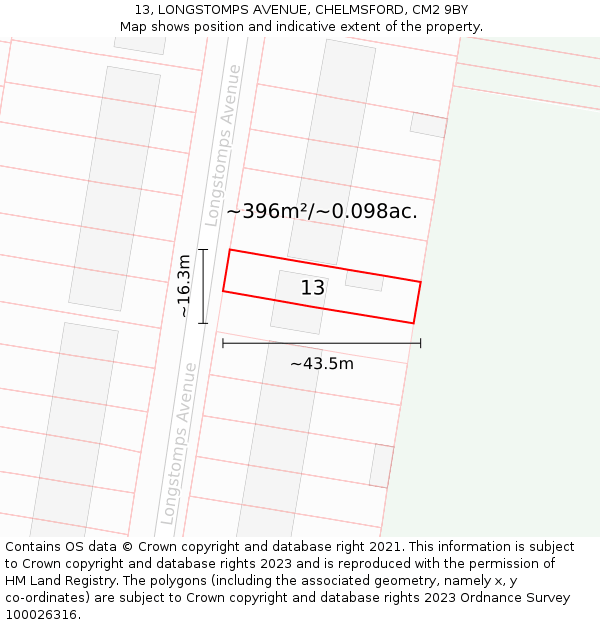 13, LONGSTOMPS AVENUE, CHELMSFORD, CM2 9BY: Plot and title map