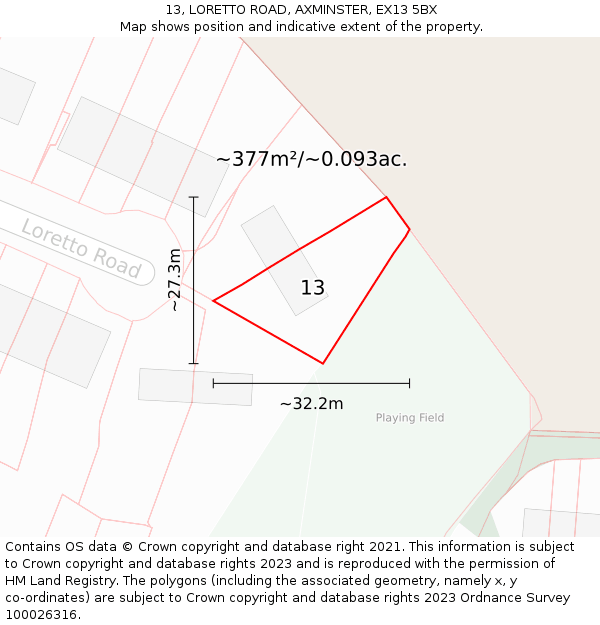13, LORETTO ROAD, AXMINSTER, EX13 5BX: Plot and title map