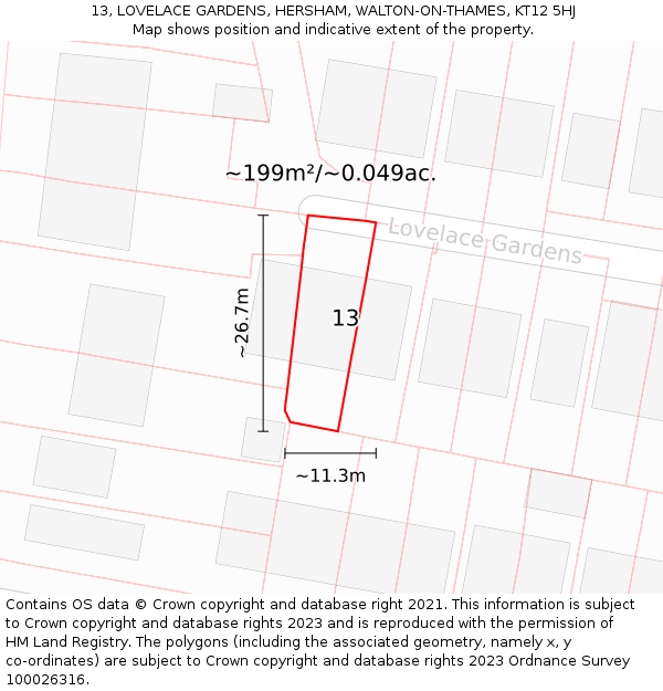 13, LOVELACE GARDENS, HERSHAM, WALTON-ON-THAMES, KT12 5HJ: Plot and title map