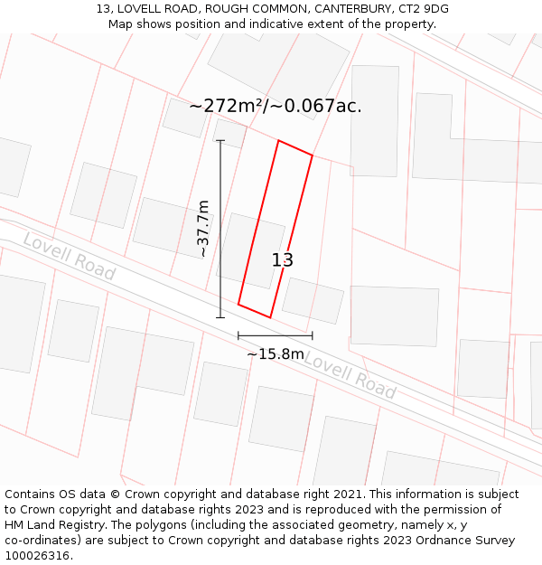 13, LOVELL ROAD, ROUGH COMMON, CANTERBURY, CT2 9DG: Plot and title map