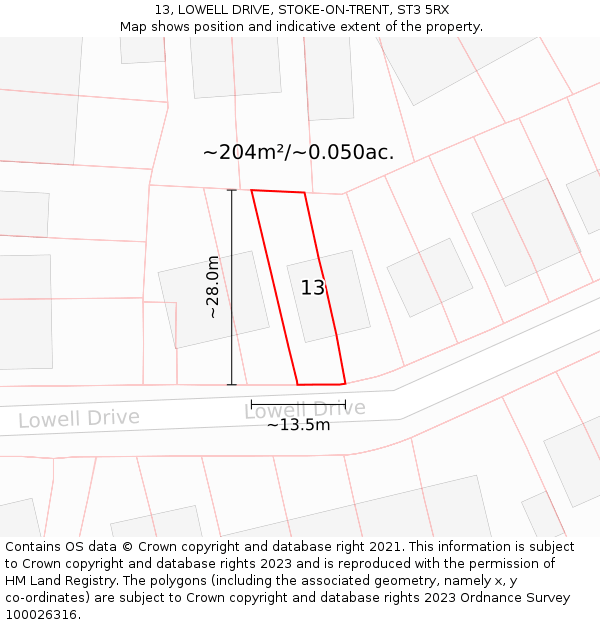 13, LOWELL DRIVE, STOKE-ON-TRENT, ST3 5RX: Plot and title map