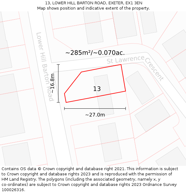 13, LOWER HILL BARTON ROAD, EXETER, EX1 3EN: Plot and title map