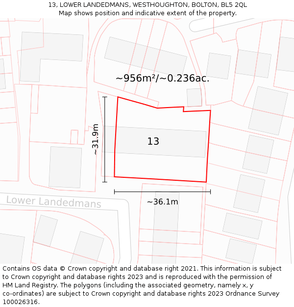 13, LOWER LANDEDMANS, WESTHOUGHTON, BOLTON, BL5 2QL: Plot and title map