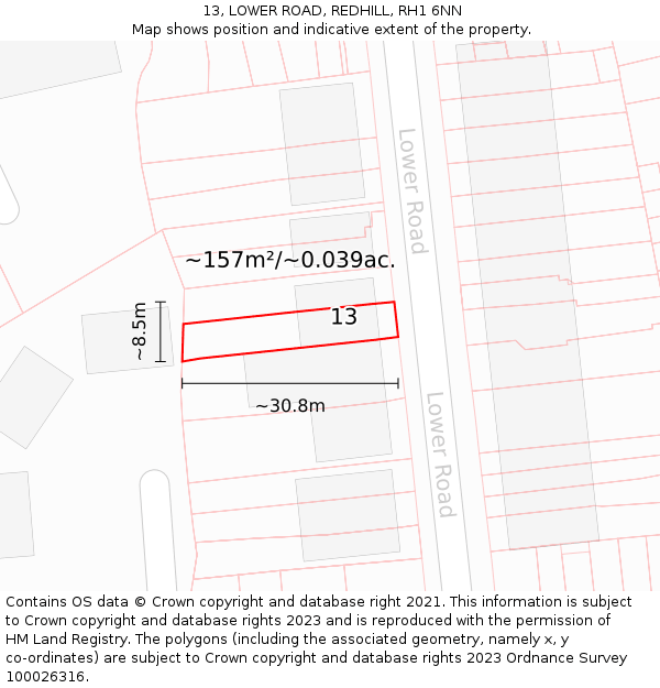13, LOWER ROAD, REDHILL, RH1 6NN: Plot and title map
