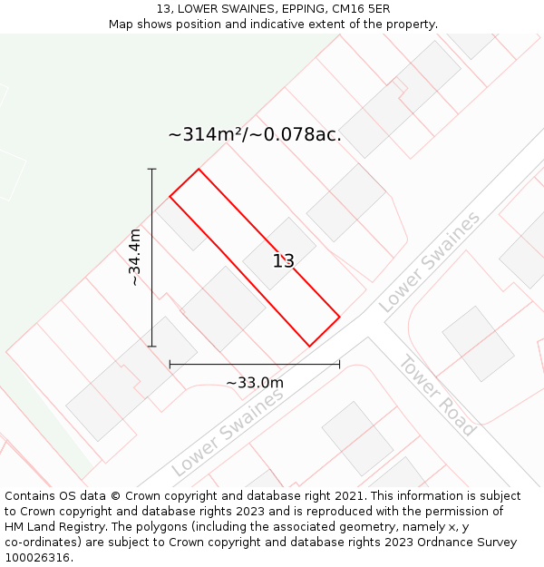 13, LOWER SWAINES, EPPING, CM16 5ER: Plot and title map