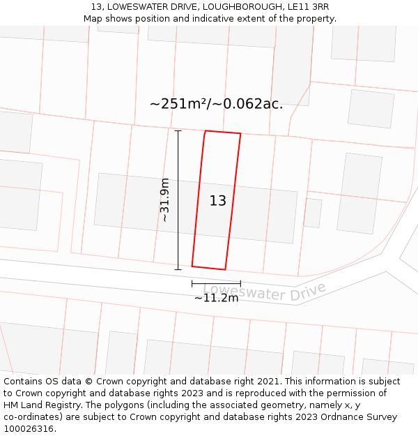 13, LOWESWATER DRIVE, LOUGHBOROUGH, LE11 3RR: Plot and title map
