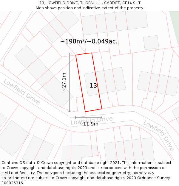 13, LOWFIELD DRIVE, THORNHILL, CARDIFF, CF14 9HT: Plot and title map