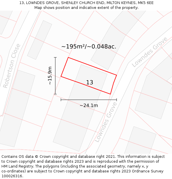 13, LOWNDES GROVE, SHENLEY CHURCH END, MILTON KEYNES, MK5 6EE: Plot and title map