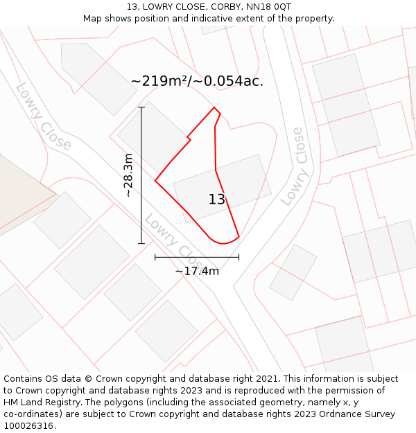 13, LOWRY CLOSE, CORBY, NN18 0QT: Plot and title map