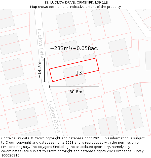 13, LUDLOW DRIVE, ORMSKIRK, L39 1LE: Plot and title map