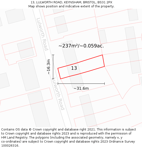 13, LULWORTH ROAD, KEYNSHAM, BRISTOL, BS31 2PX: Plot and title map