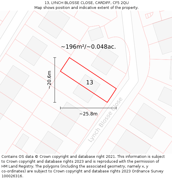 13, LYNCH BLOSSE CLOSE, CARDIFF, CF5 2QU: Plot and title map