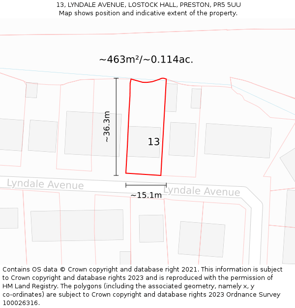 13, LYNDALE AVENUE, LOSTOCK HALL, PRESTON, PR5 5UU: Plot and title map