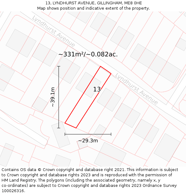 13, LYNDHURST AVENUE, GILLINGHAM, ME8 0HE: Plot and title map