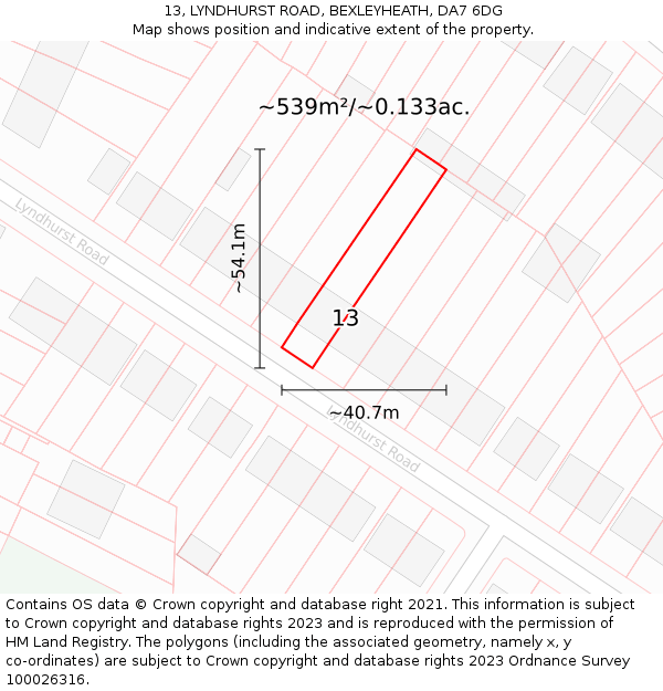 13, LYNDHURST ROAD, BEXLEYHEATH, DA7 6DG: Plot and title map
