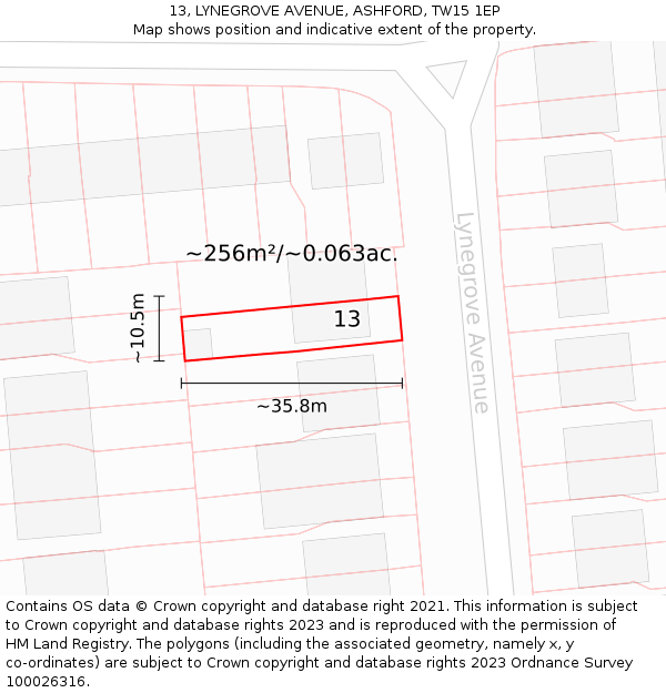 13, LYNEGROVE AVENUE, ASHFORD, TW15 1EP: Plot and title map