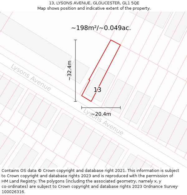 13, LYSONS AVENUE, GLOUCESTER, GL1 5QE: Plot and title map
