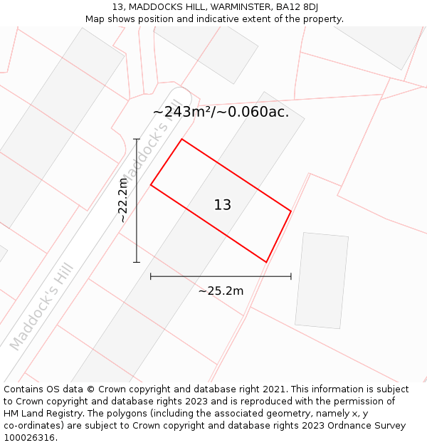13, MADDOCKS HILL, WARMINSTER, BA12 8DJ: Plot and title map