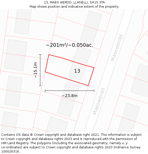 13, MAES WERDD, LLANELLI, SA15 3TA: Plot and title map