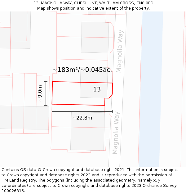 13, MAGNOLIA WAY, CHESHUNT, WALTHAM CROSS, EN8 0FD: Plot and title map