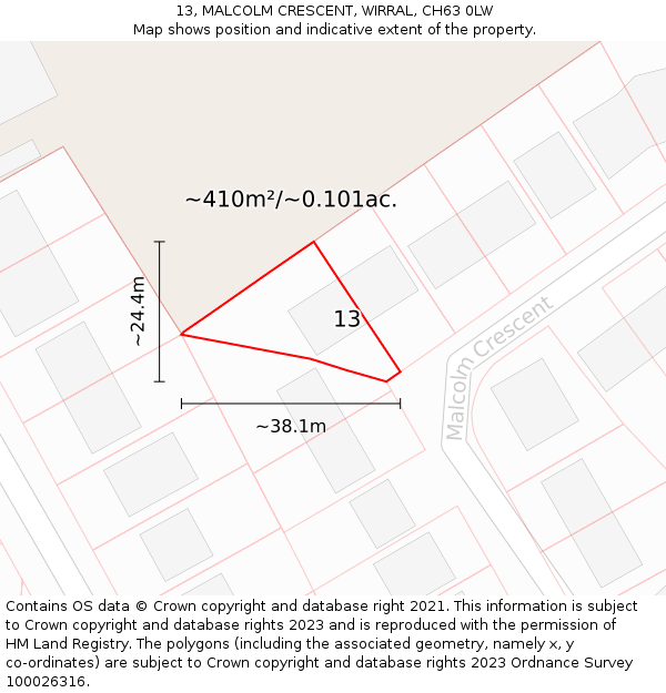 13, MALCOLM CRESCENT, WIRRAL, CH63 0LW: Plot and title map