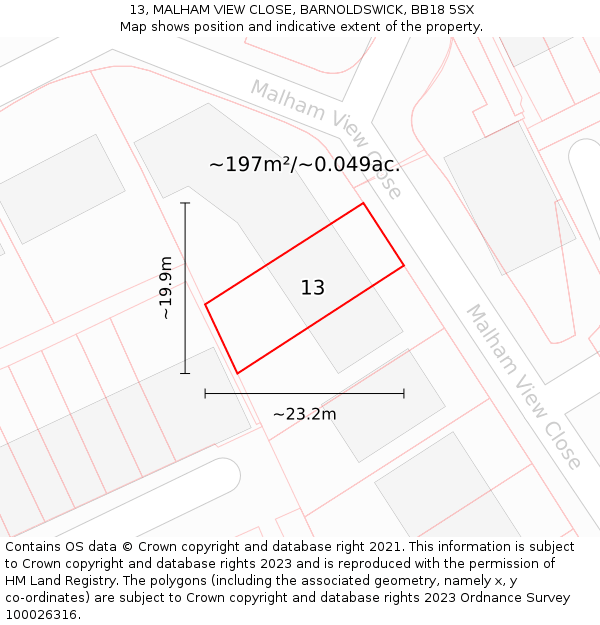 13, MALHAM VIEW CLOSE, BARNOLDSWICK, BB18 5SX: Plot and title map