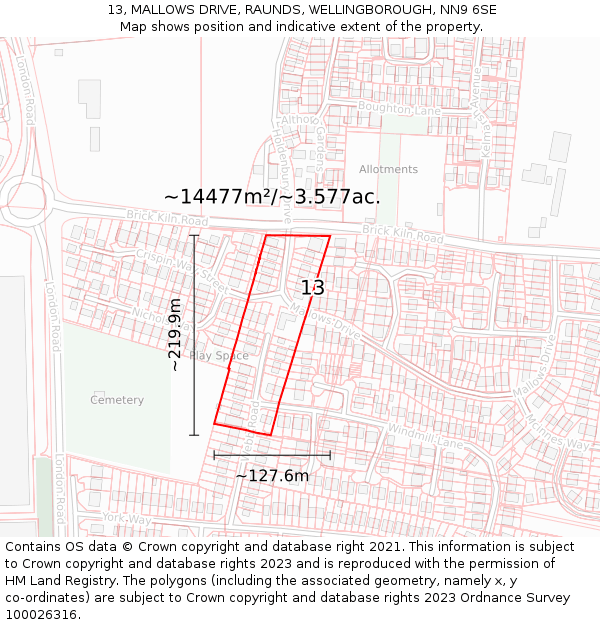 13, MALLOWS DRIVE, RAUNDS, WELLINGBOROUGH, NN9 6SE: Plot and title map