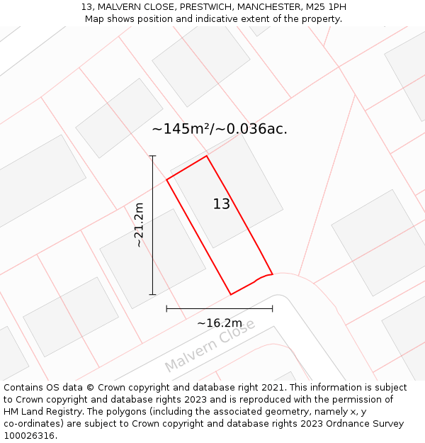 13, MALVERN CLOSE, PRESTWICH, MANCHESTER, M25 1PH: Plot and title map