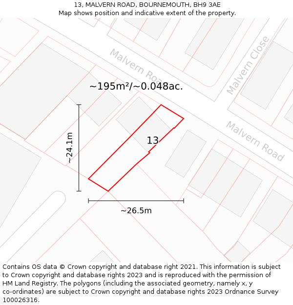 13, MALVERN ROAD, BOURNEMOUTH, BH9 3AE: Plot and title map
