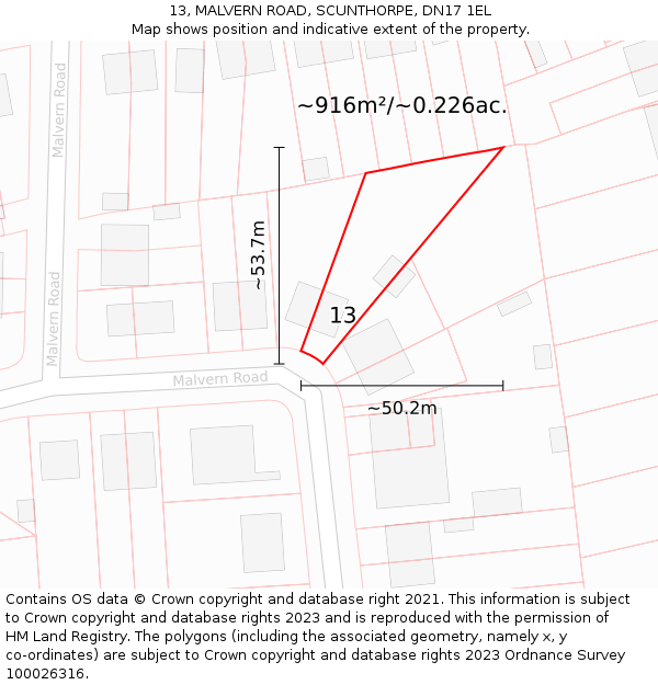 13, MALVERN ROAD, SCUNTHORPE, DN17 1EL: Plot and title map