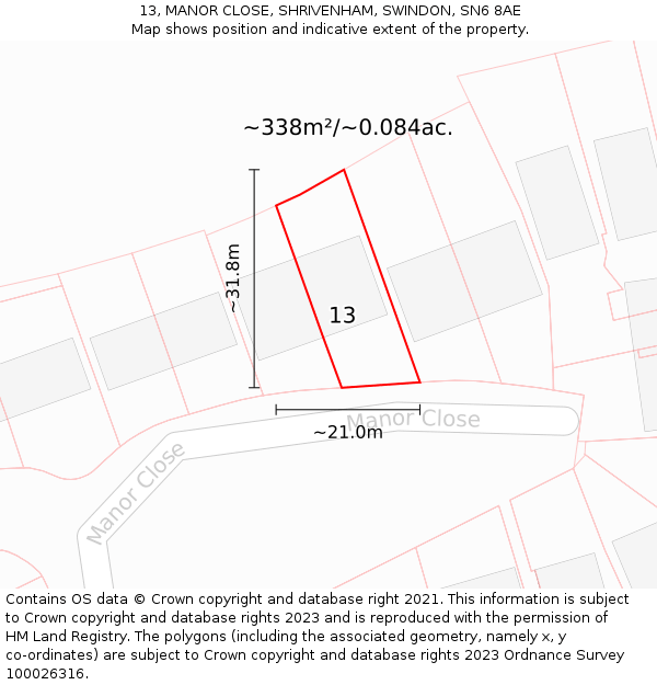 13, MANOR CLOSE, SHRIVENHAM, SWINDON, SN6 8AE: Plot and title map