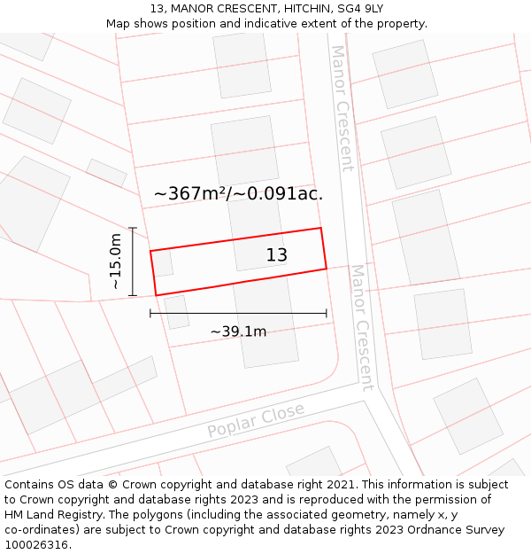13, MANOR CRESCENT, HITCHIN, SG4 9LY: Plot and title map