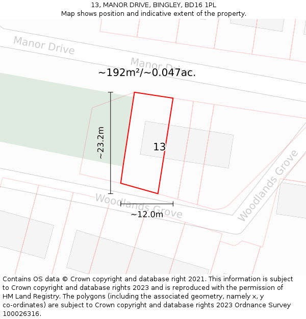 13, MANOR DRIVE, BINGLEY, BD16 1PL: Plot and title map