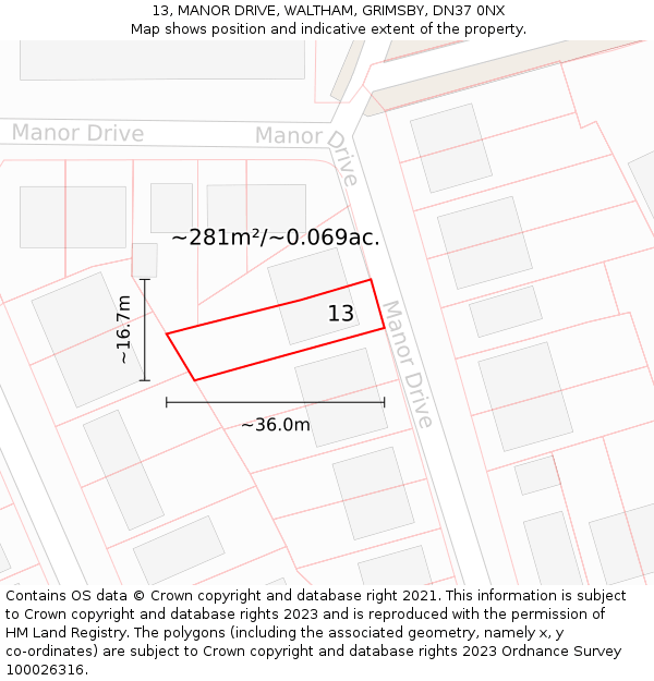13, MANOR DRIVE, WALTHAM, GRIMSBY, DN37 0NX: Plot and title map