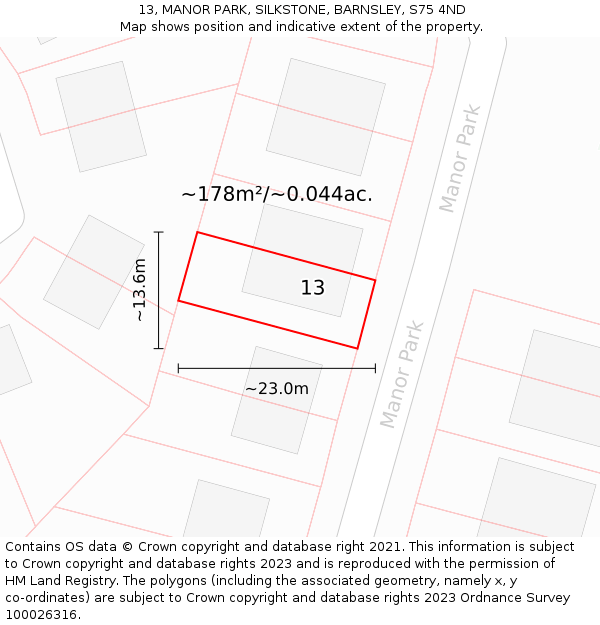 13, MANOR PARK, SILKSTONE, BARNSLEY, S75 4ND: Plot and title map