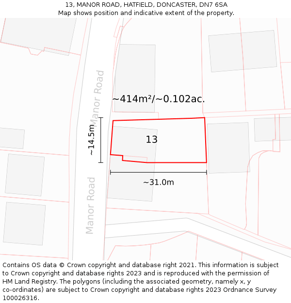 13, MANOR ROAD, HATFIELD, DONCASTER, DN7 6SA: Plot and title map