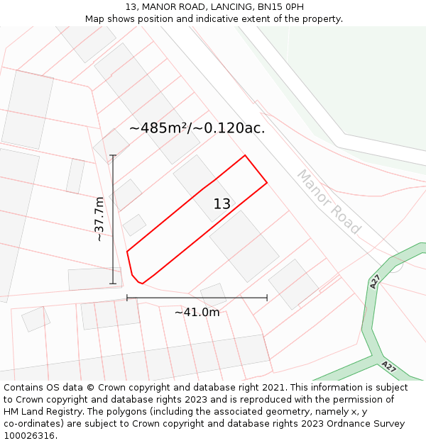 13, MANOR ROAD, LANCING, BN15 0PH: Plot and title map